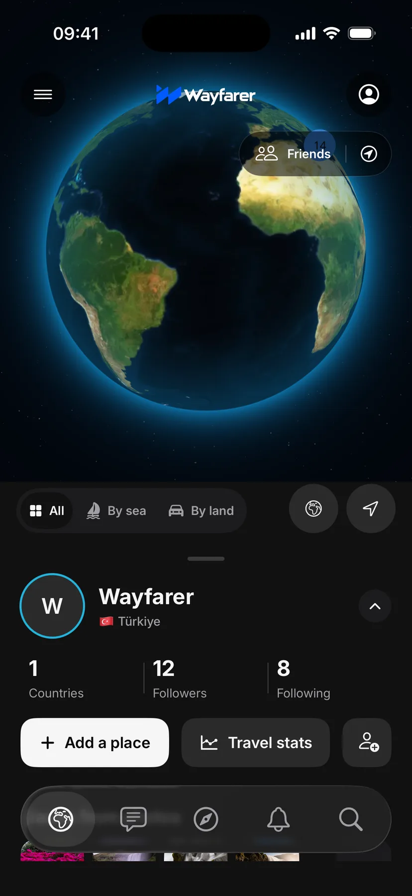 Wayfarer home screen: a dark globe with the drawer that lists your places